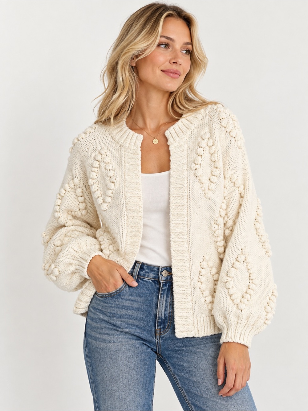 Lucky Brand Ivory Bobble Knit Wool Blend Balloon Sleeve Cardigan M